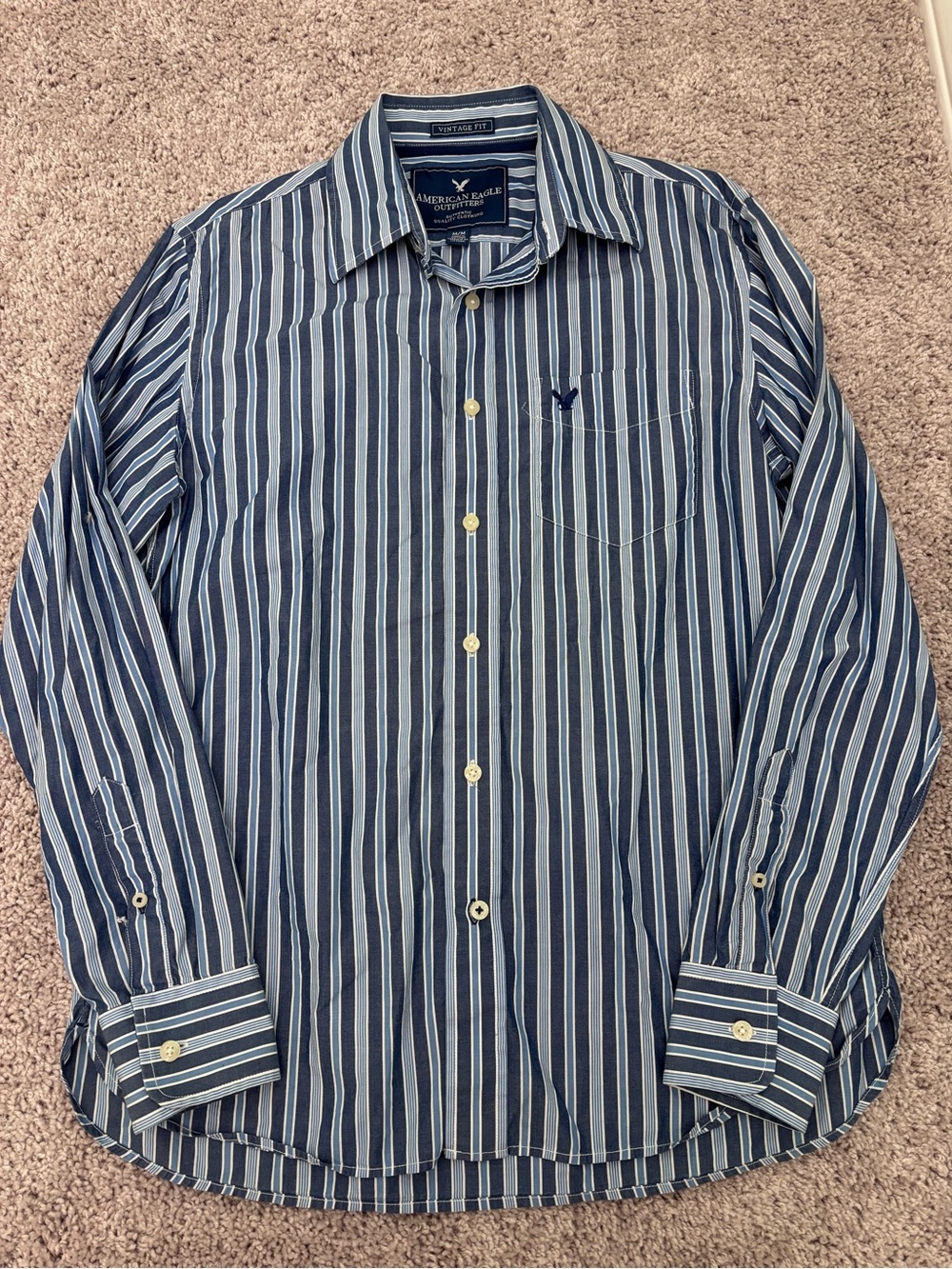American Eagle Outfitters Men’s Blue Striped Button-Up Shirt